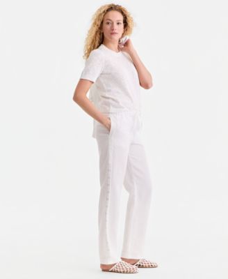 Women's 100% Linen Eyelet-Trim Pull-On Pants