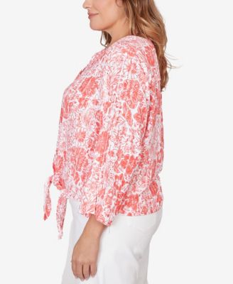 Plus Size Printed Eyelet Gauze Tie Front Top