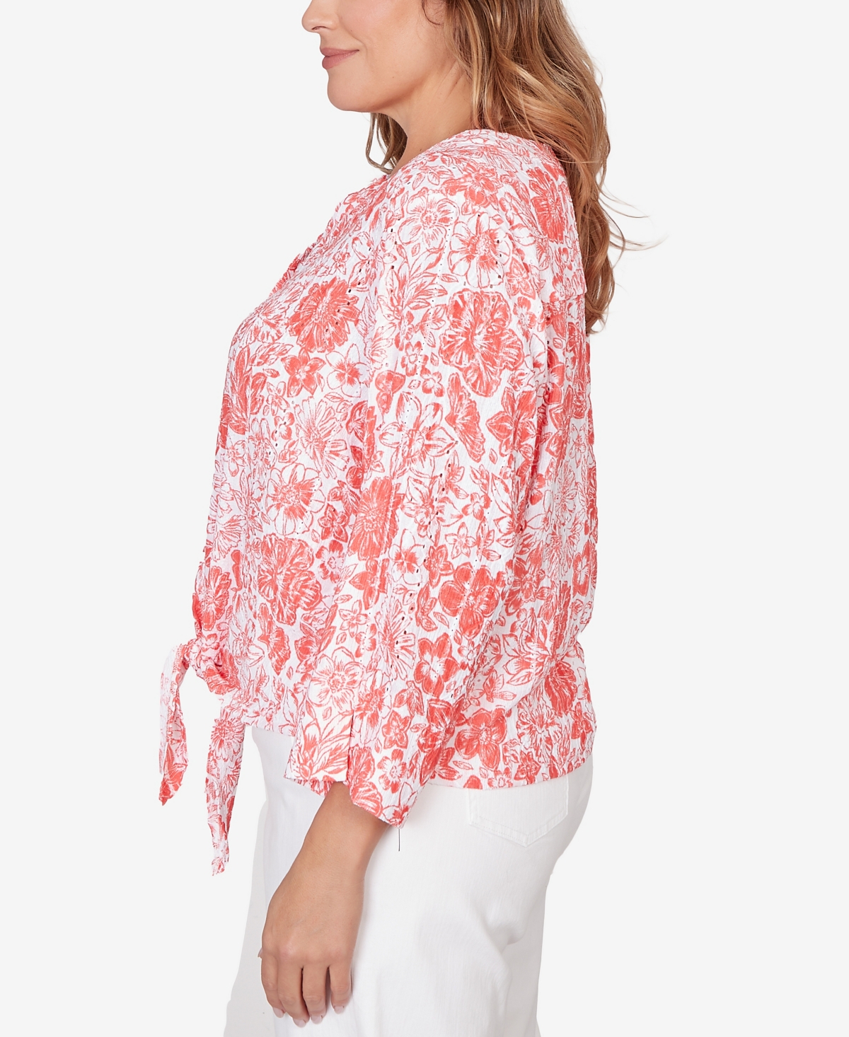 Hearts Of Palm Plus Printed Eyelet Gauze Tie Front Top