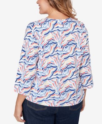 Plus Size Printed Jersey Surplice 3/4 Sleeve Top