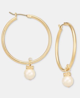 Gold-Tone Glass Pearl Drop Hoop Earrings