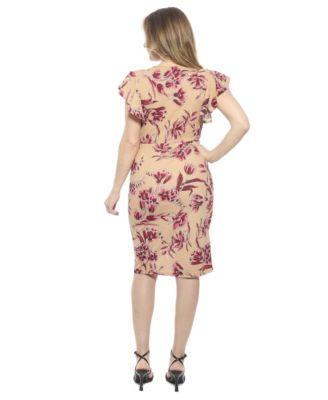 Women's Floral Flutter Sleeve Faux Wrap Knee Length Dress