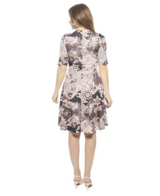 Women's Paisley Scoop Neck Elbow Sleeve Knee Length A-Line FlaDress