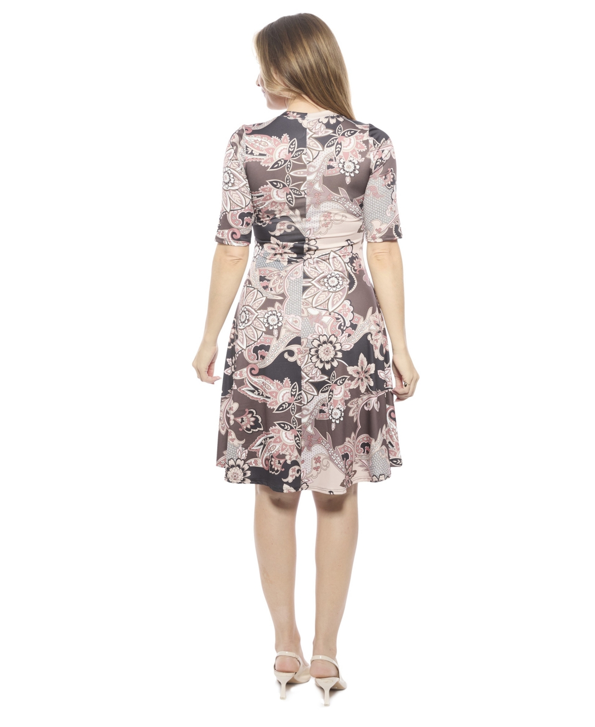 24seven Comfort Apparel Women's Paisley Scoop Neck Elbow Sleeve Knee Length A-Line FlaDress