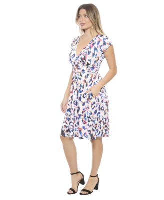 Women's Abstract V-Neck Cap Sleeve Knee Length A-Line Pocket Dress
