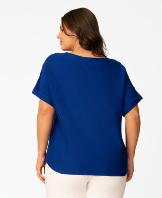 Plus Size Vertical Rib Button Short-Sleeve Sweater