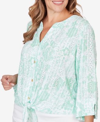 Plus Size Printed Eyelet Gauze Tie Front Top