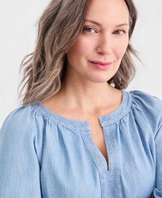 Women's Cotton Chambary Split-Neck Top