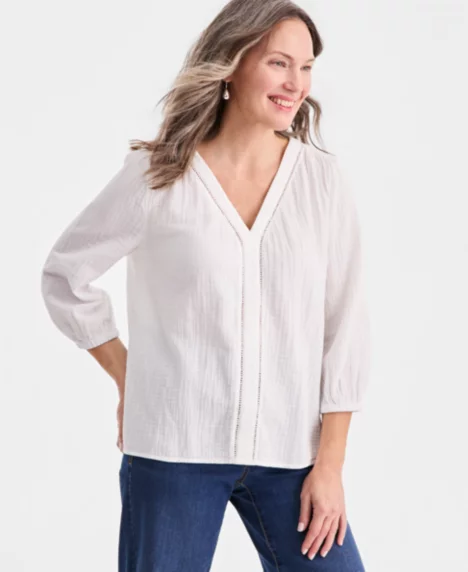 Petite V-Neck 3/4-Length-Sleeve Top - Bright White