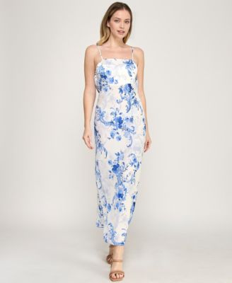 Juniors' Square Neck Floral Draped Back Maxi Dress