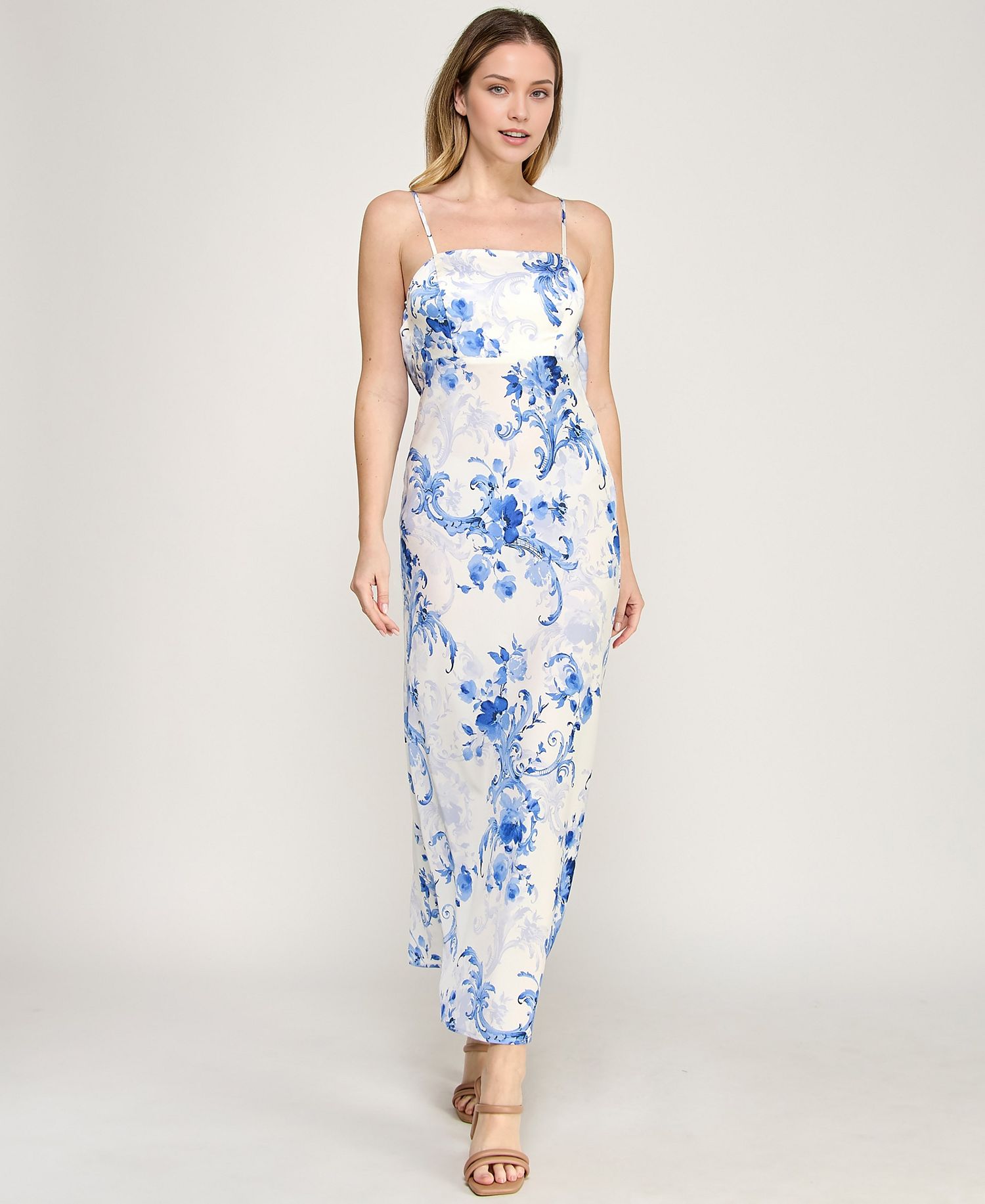 Beauty & Grace Women's Juniors' Floral Draped Back Maxi Dress only
