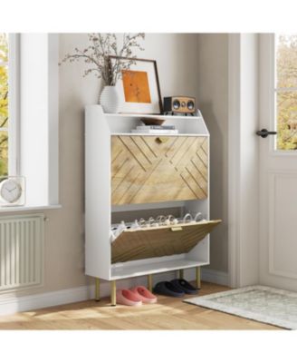 Wood Color Shoe Cabinet, Slim 2-Drawer Shoe Storage Organizer, Adjustable Hidden Entryway Rack, Freestanding Space Saving Shoe Shelf