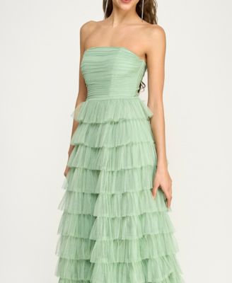 Juniors' Strapless Ruffle Mesh Gown