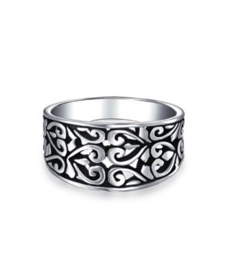 Vine Scroll Oxidized .925 Sterling Silver Open Swirl Leaf Heart Wide Band Ring
