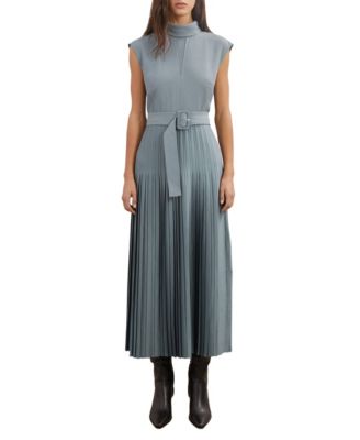Women's Roll-Neck Belted Pleated Midi Dress