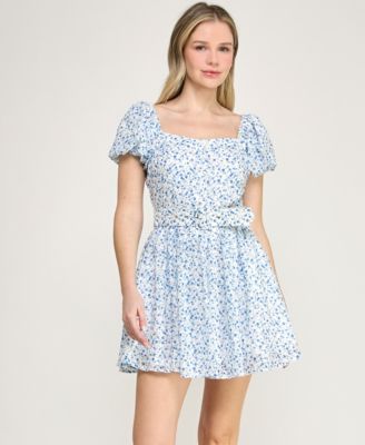 Juniors' Short Puff-Sleeve Drop Waist Dress