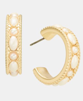 Small Imitation Pearl C-Hoop Earrings, 0.65"