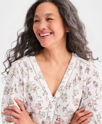 Women's Cotton Gauze Printed V-Neck Blouse