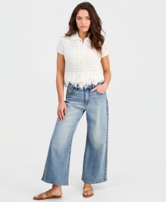 Petite Short-Sleeve Johnny-Collar Fringe Sweater