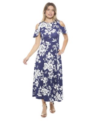 Women's Floral Ruffle Sleeve Cold Shoulder A-Line Maxi Dress