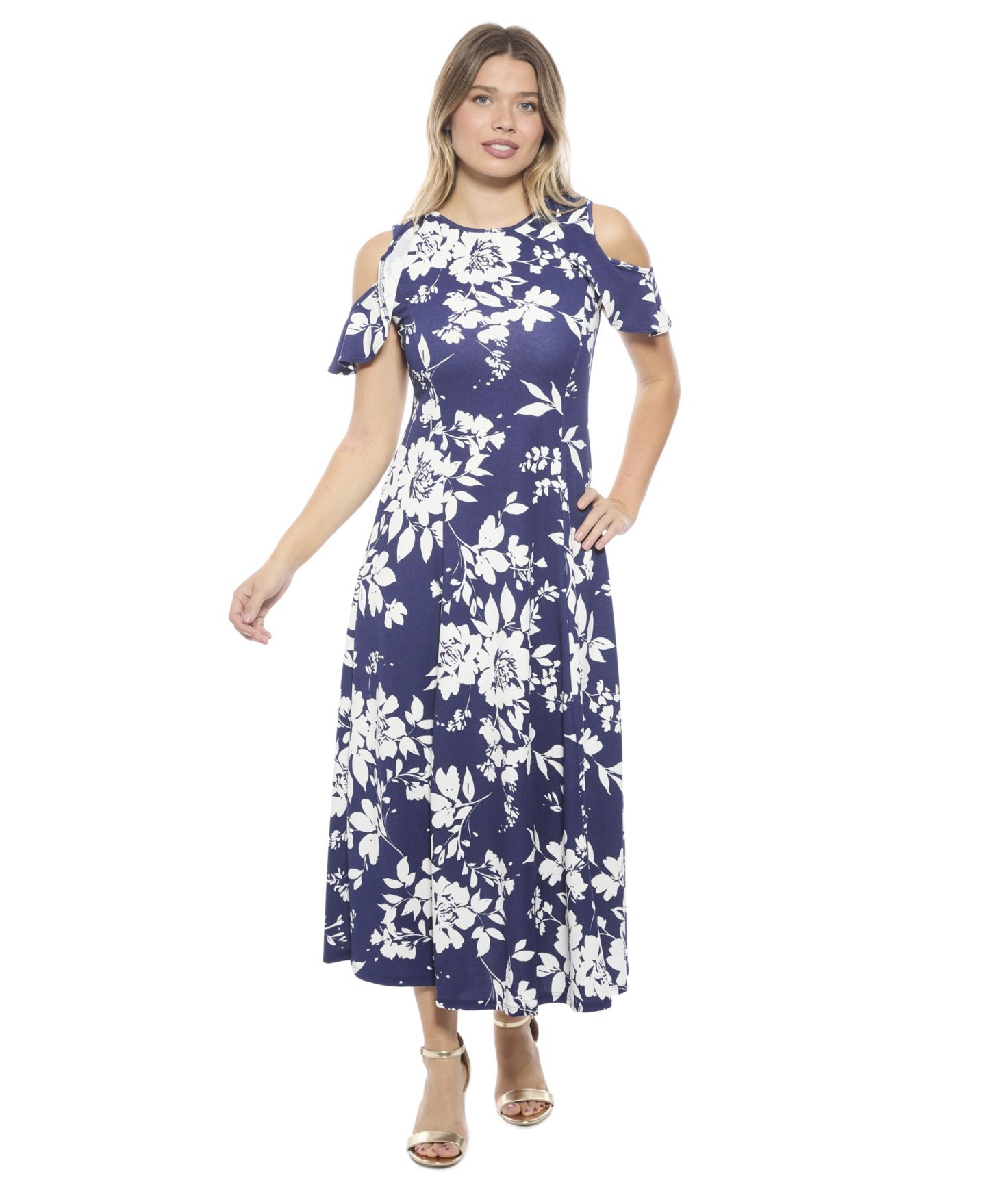 Женское платье 24seven Comfort Apparel Floral Ruffle Sleeve Cold Shoulder A-Line Maxi, цвет: С принтом — фото 1