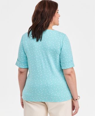 Plus Size Printed Boat-Neck Elbow Sleeve Cotton Top
