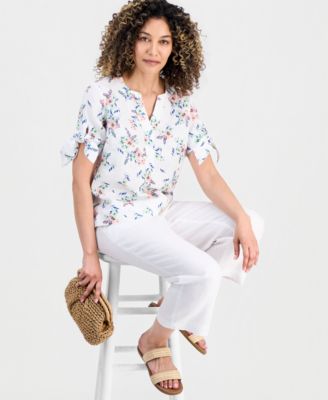 Petite Linen Shannons Garden Tie-Sleeve Top