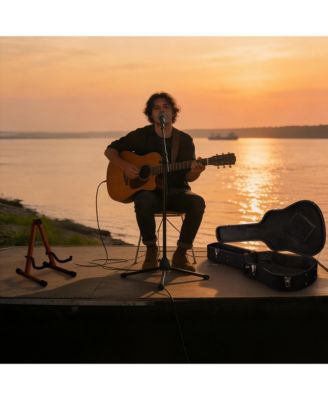 Acoustic Guitar Hard Case Wooden Hard Shell w/ Wood Folding Guitar Stand