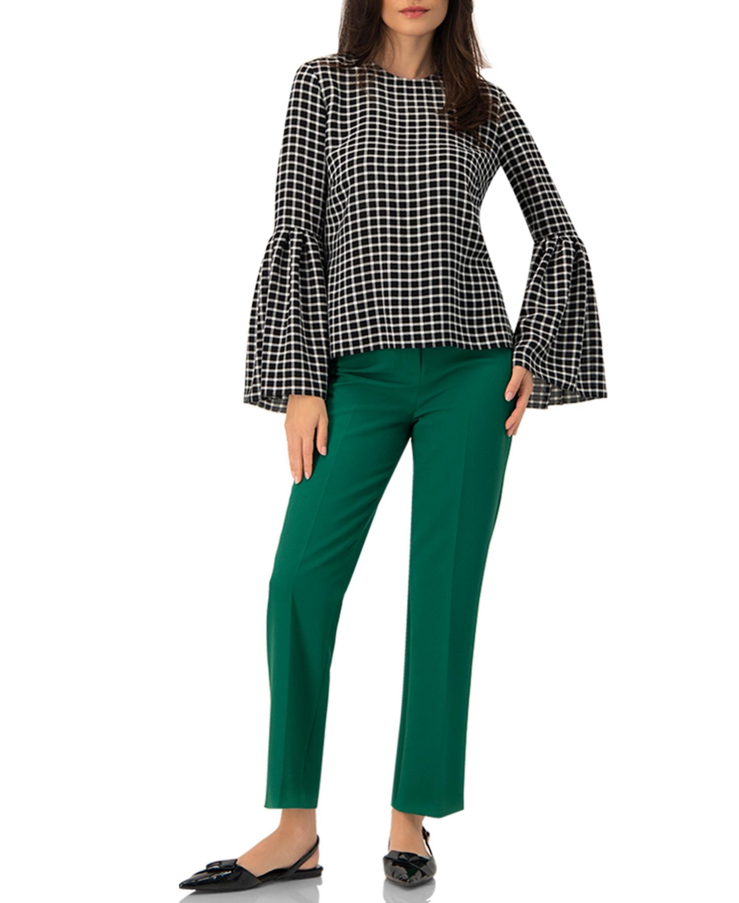 Women's Check Blouse with Puffed Sleeves