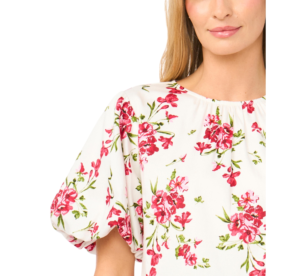 CeCe Women's Puff Sleeve Shirred Crewneck Peplum Top