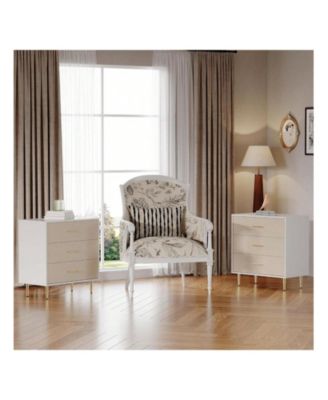 Modern White 3-Drawer Slim Nightstand, Gold Metal Legs Bedside Dresser for Small Bedroom Spaces