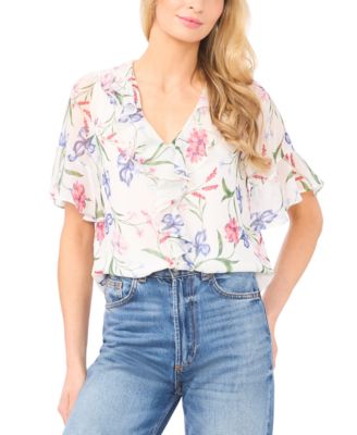 Women's Flutter Sleeve Ruffle Detail V-Neck Top