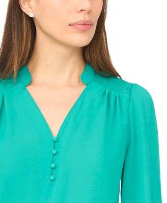 Women's Long-Sleeve V-Neck Smocked Top