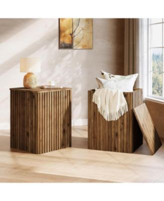 Solid Wood Square End Table with Storage Set of 2, Mid-Century Modern Bedside Nightstand with Removable Lid, Fluted Side Table