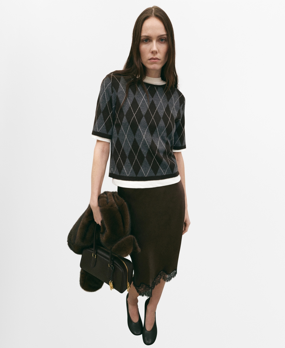 Mango Women's Short-Sleeved Argyle Sweater