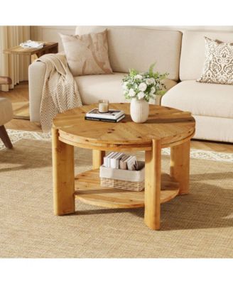 Round Solid Wood Coffee Table, 29.5" Farmhouse Circle Accent Center Tables, 2 Tiers Open-Style Storage Cocktail Tea Furniture