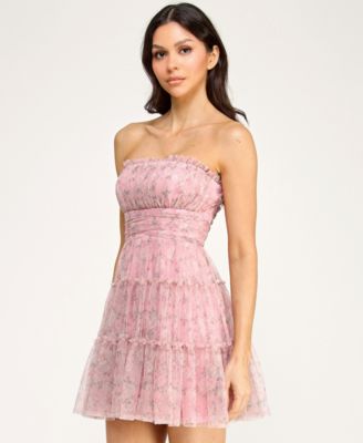 Juniors' Strapless Ruffle Neck Tiered Short Dress