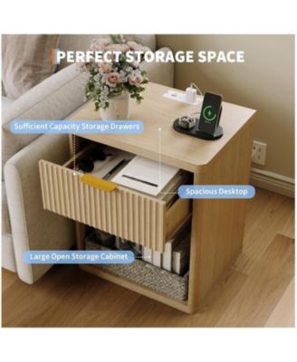 Set of 2 Natural Fluted Nightstands, Bedside Table with Charging Station Drawers & Open Storage