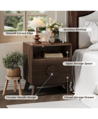 1PC Walnut Brown Fluted Wood Nightstand, Bedroom Bedside Table with USB Charging Station