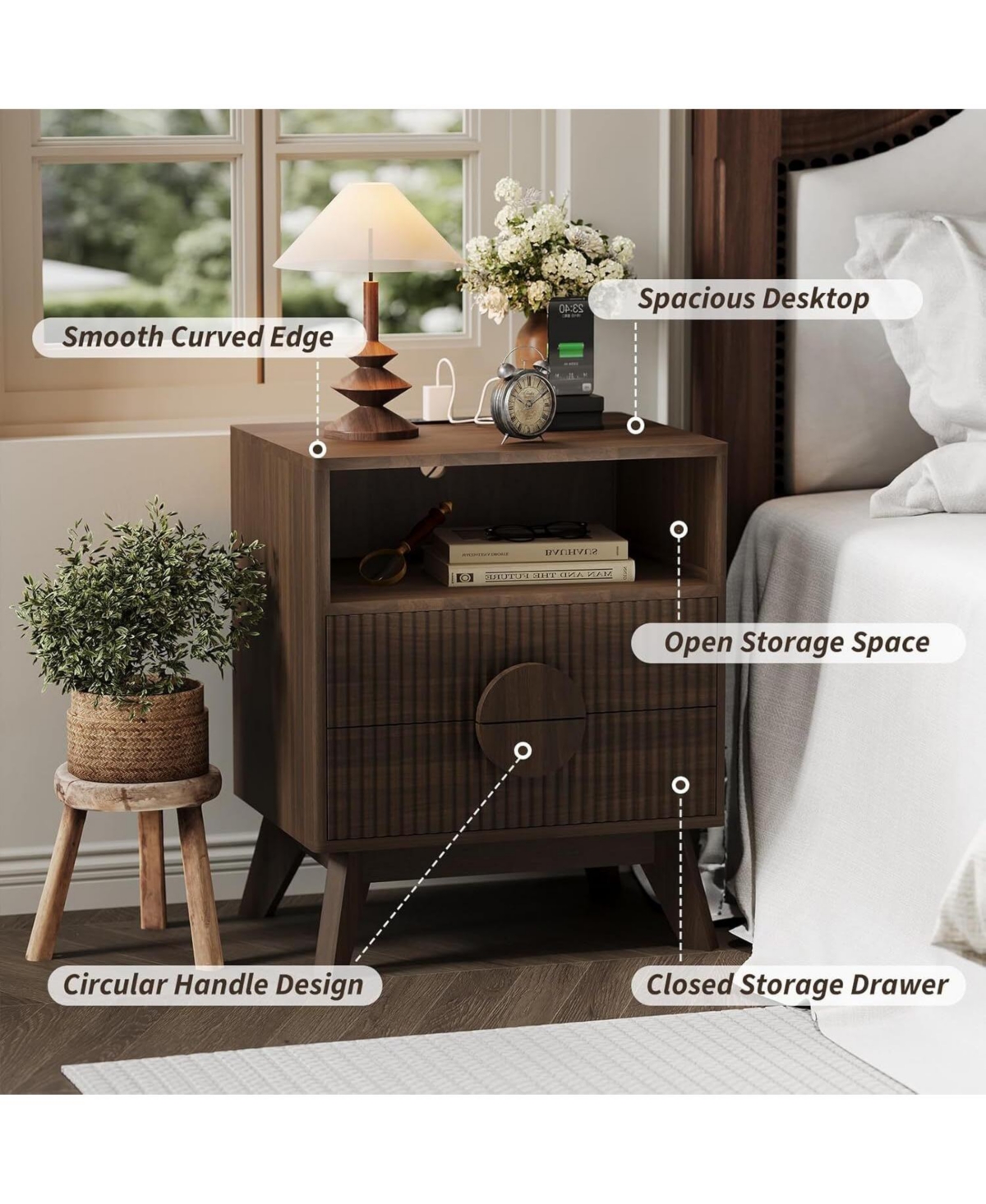 gaomon 1PC Walnut Brown Fluted Wood Nightstand, Bedroom Bedside Table with Usb Charging Station