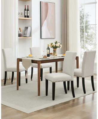 Set of 4 Modern Fabric Upholstered Dining Chairs, Curved Backrest Ergonomic Kitchen Chairs with Heavy-Duty Wood Legs