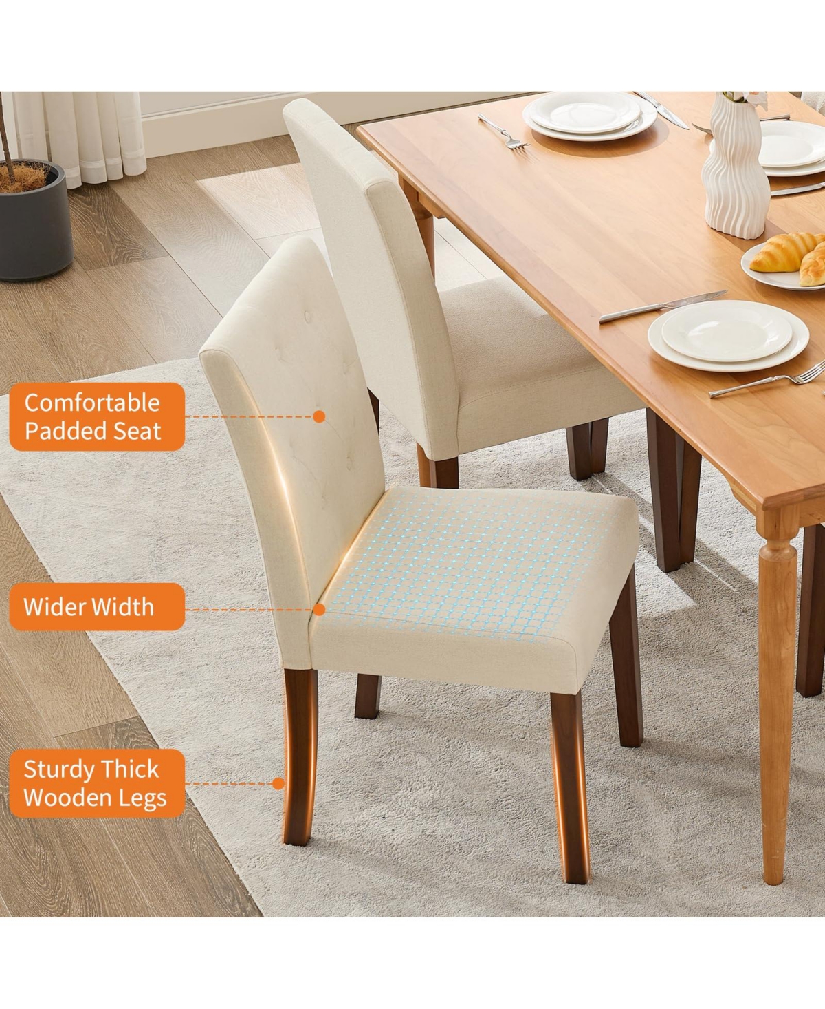 gaomon Set of 2 Modern Fabric Upholstered Dining Chairs, Sturdy Wood Legs & Rubber Frame Kitchen Side Seating
