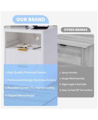 Set of 2 Fluted Nightstands, 2-Drawer Bedside Table with Built-in Charging Station & Open Storage