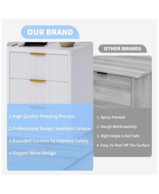 Set of 2 White Fluted Nightstands, 3-Drawer Bedside Table with Built-in Charging Station & Open Storage