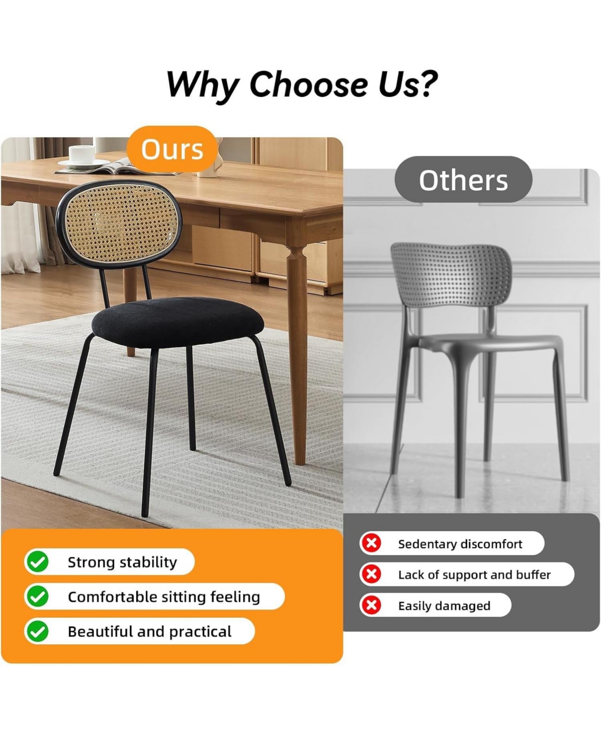 gaomon Mid Century Rattan Dining Chairs Set, Modern Velvet Upholstered Kitchen Chairs with Sturdy Metal Legs