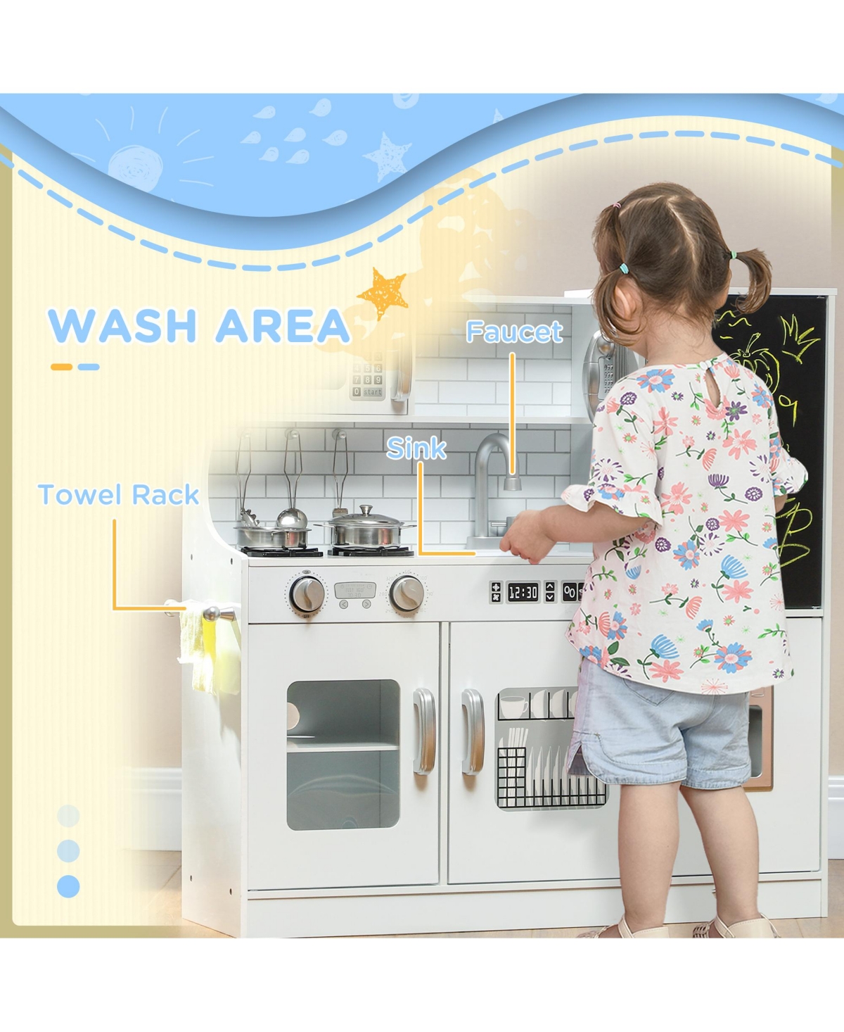 Hongge Kids Pretend Play Kitchen with Chalkboard and Accessories