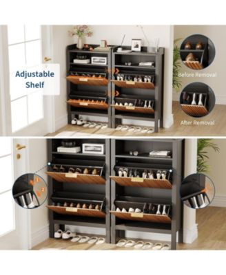 Shoe Storage Cabinet with 2 Flip Drawers, Fluted Narrow Shoe Storage Cabinet Organizer with Legs