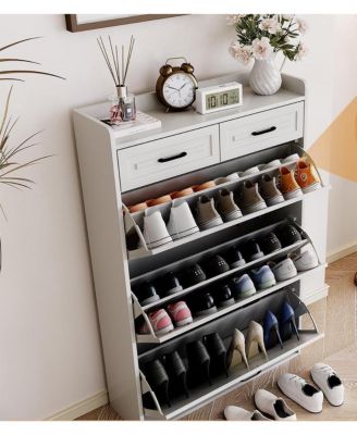 Shoe Cabinet with 3 Flip Drawers & 2 Drawers, Freestanding Narrow Shoe Organizer, White