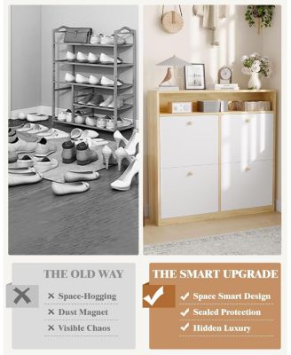Narrow Shoe Cabinet with 4 Flip Drawers and Open Shelf, Wooden Freestanding Shoes Organizer with Shelves for Slippers,Sneakers,Heels