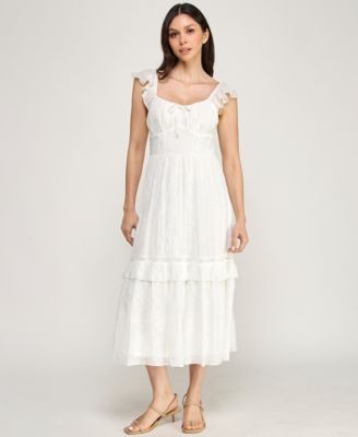 Juniors' Flutter-Sleeve Embroidered Midi Dress